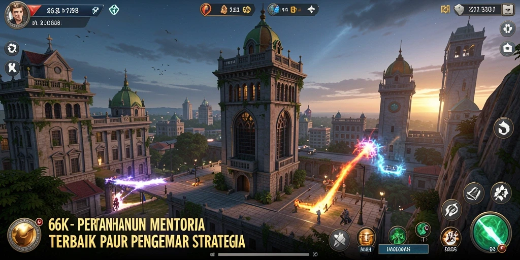 Tangkapan layar utama 66K menunjukkan aksi menara pertahanan yang mendebarkan.