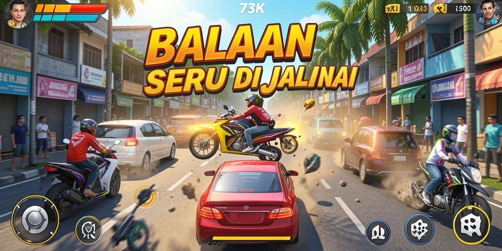 Screenshot utama menampilkan aksi balapan seru di <strong>73K</strong>.
