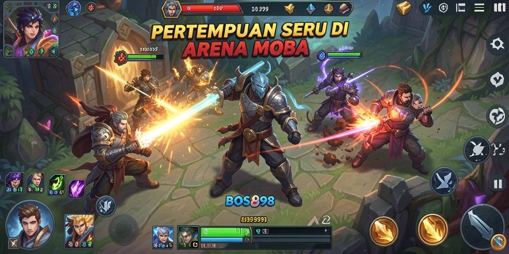 Tampilan gameplay seru dalam pertempuran arena MOBA.