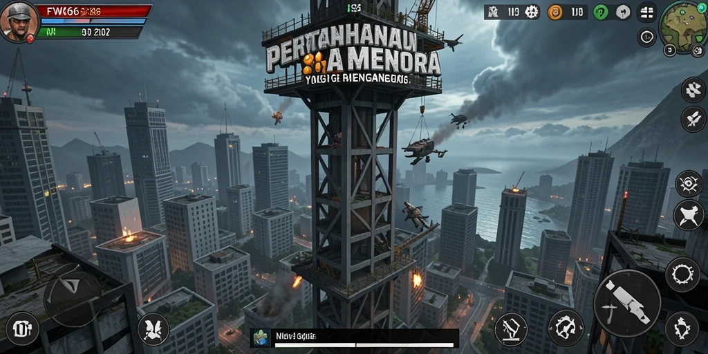Screenshot gameplay FW66 menampilkan aksi pertahanan menara yang intens.