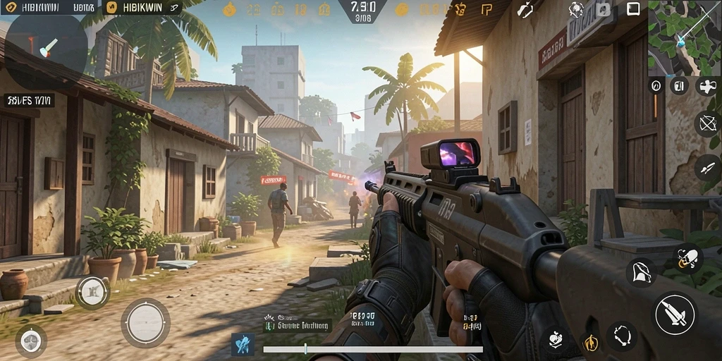 Tangkapan layar gameplay seru HIBIKIWIN yang menunjukkan aksi FPS yang mendebarkan.