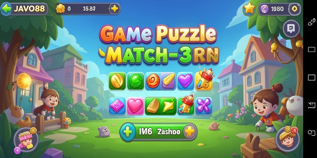 Tampilan menarik dari gameplay seru game Match-3 JAVO88.
