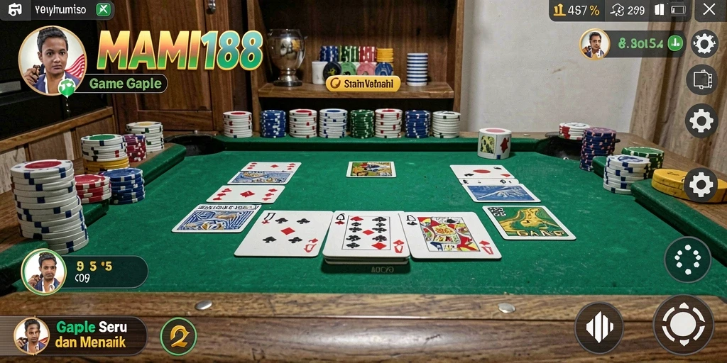 Screenshot utama MAMI188 menunjukkan gameplay Gaple yang seru dan interaktif.