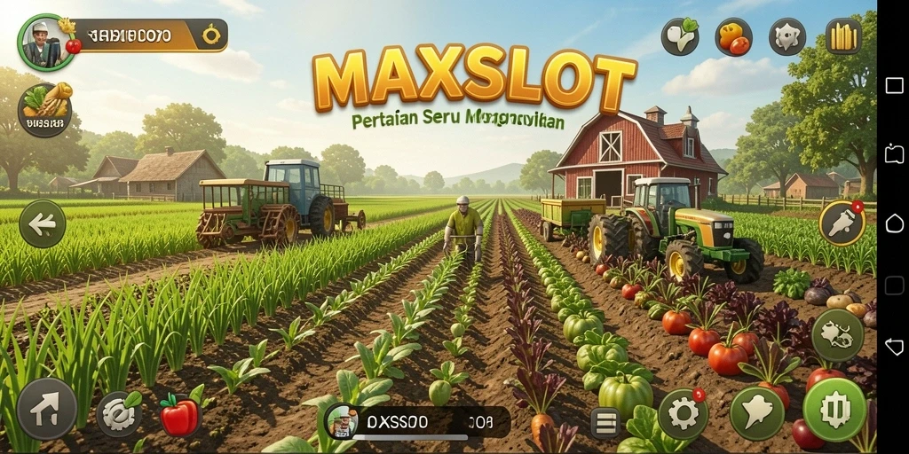 Screenshot gameplay <strong>MAXSLOT</strong> menampilkan keindahan ladang yang dipenuhi tanaman dan hewan ternak.