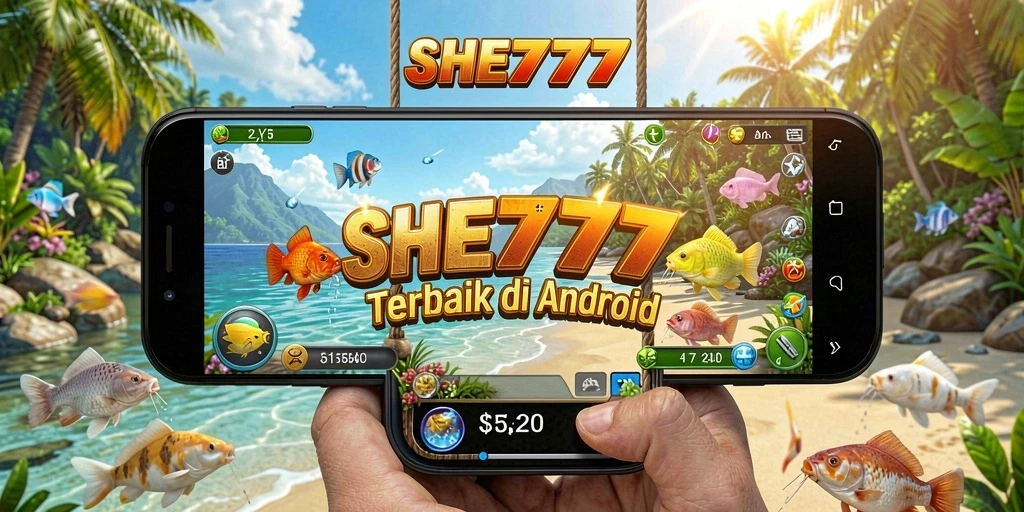 Tampilan gameplay SHE777 dengan berbagai jenis ikan di kolam pancing.