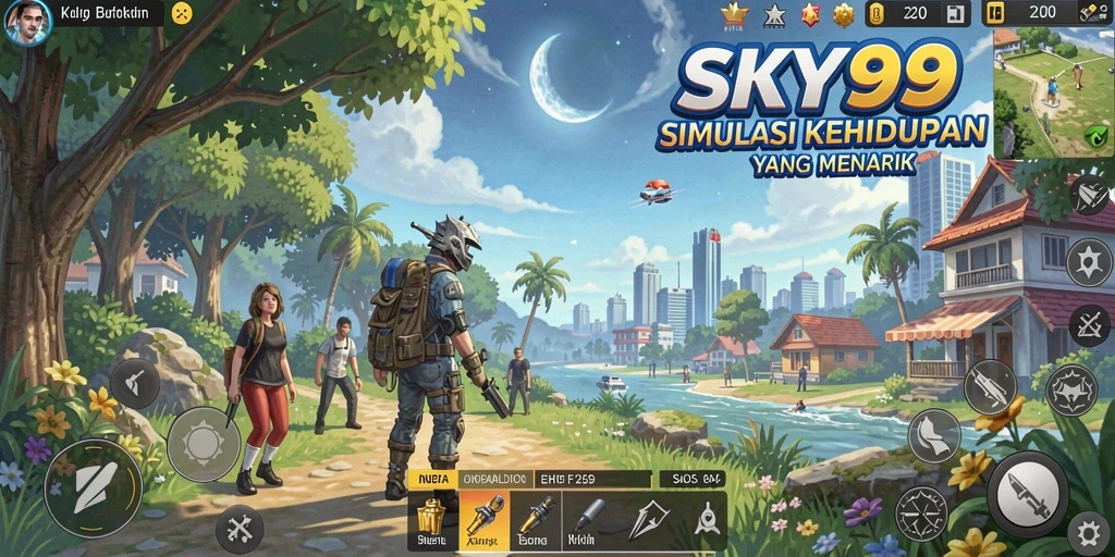 Tampilan utama gameplay <strong>SKY99</strong> yang menampilkan berbagai aktivitas karakter.